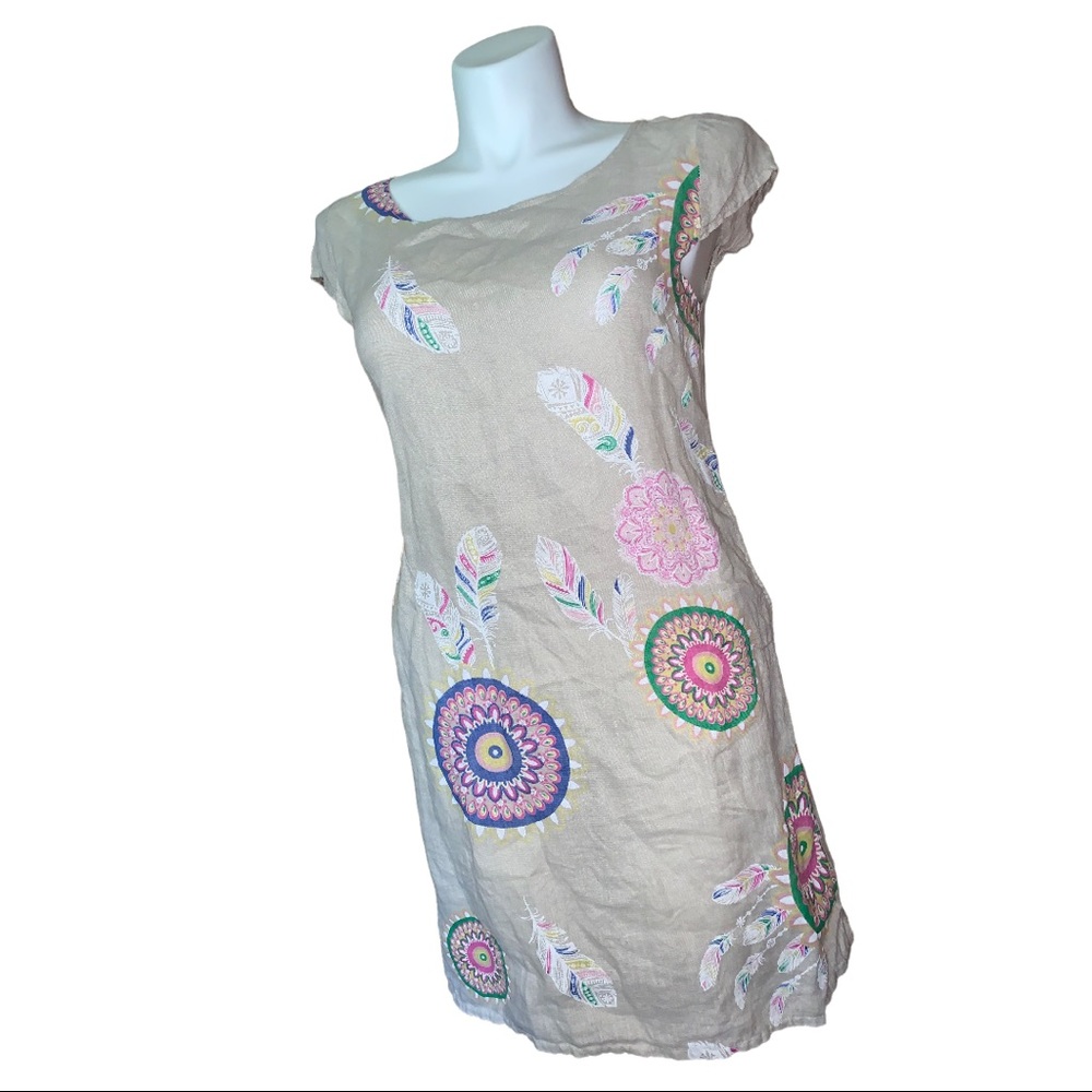Made in Italy Linen Dress Tan Boho Print Cap Sleeve Pocket Tunic M/L